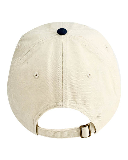 Tan and navy Print View baseball cap with unstructured design, shown from the back, featuring a casual and comfortable fit.