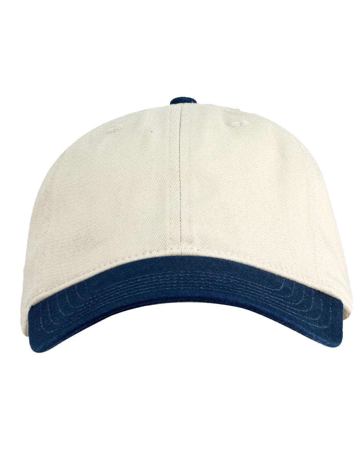 Tan and navy Print View baseball cap with printed logo, unstructured design, casual style, worn by a person.