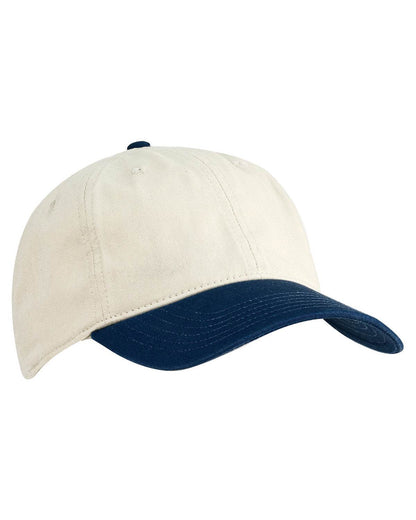 Tan and navy Print View unstructured baseball cap with printed logo, shown from side angle.