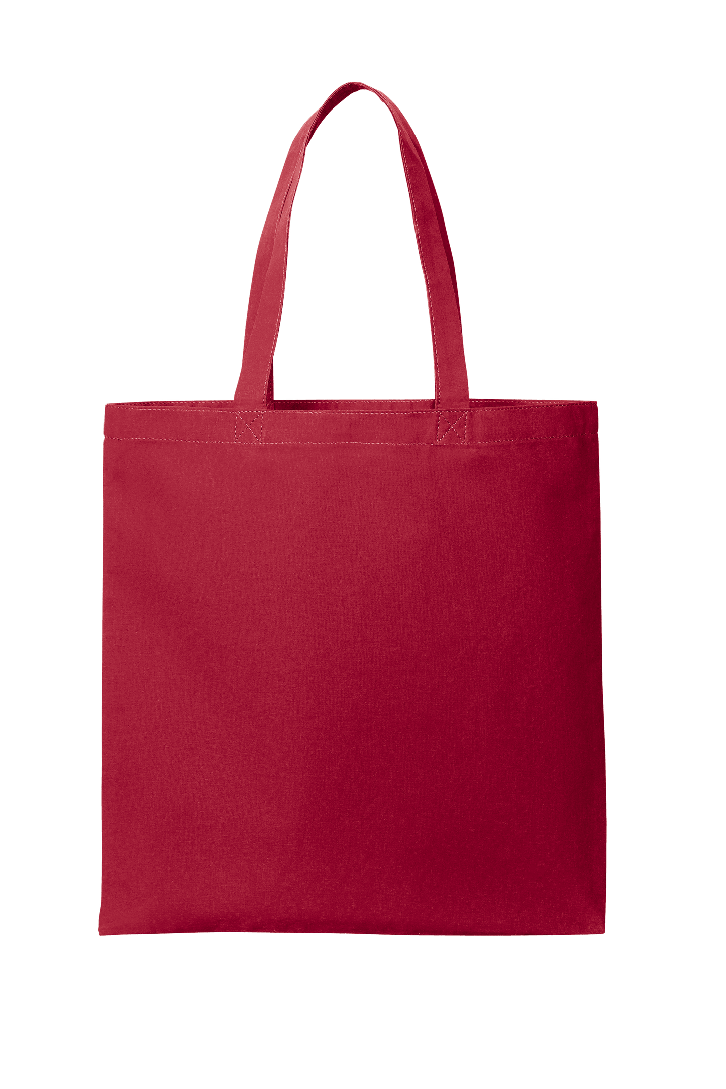 Red cotton tote bag by Print View with printed design, lightweight reusable cloth bag for shopping or casual use.