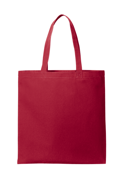 Red cotton tote bag by Print View with printed design, lightweight reusable cloth bag for shopping or casual use.