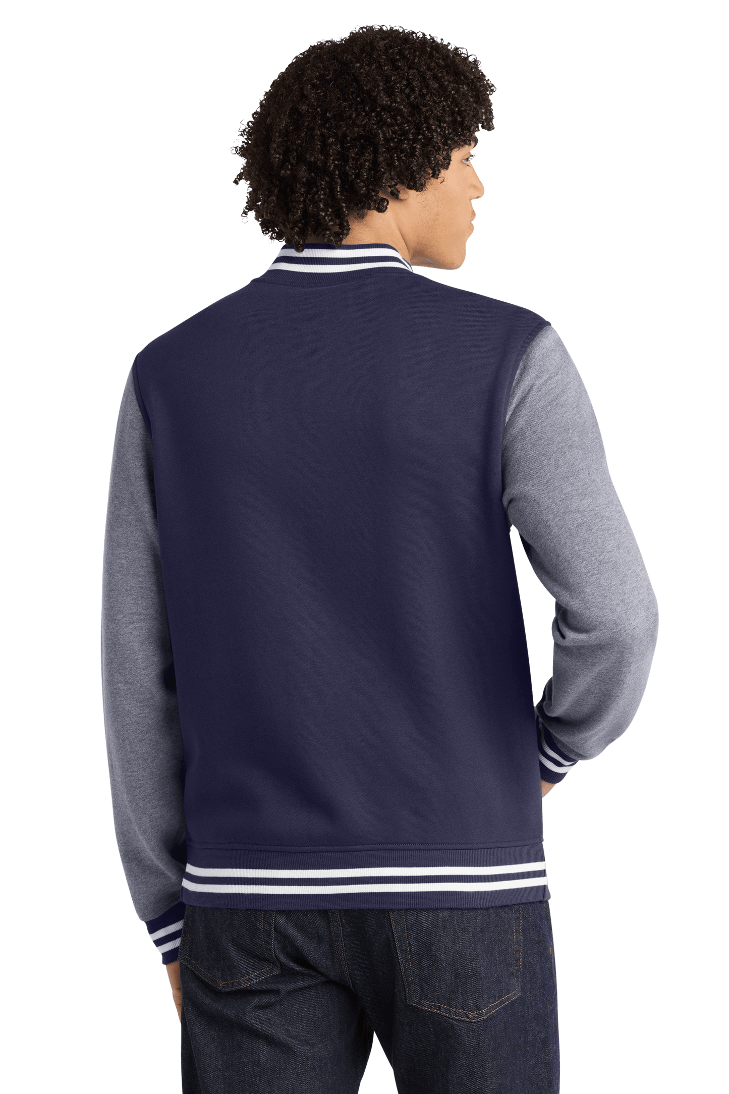 True Navy vintage heather varsity jacket by Sport-Tek, featuring classic ribbed cuffs, collar, and front button closure.