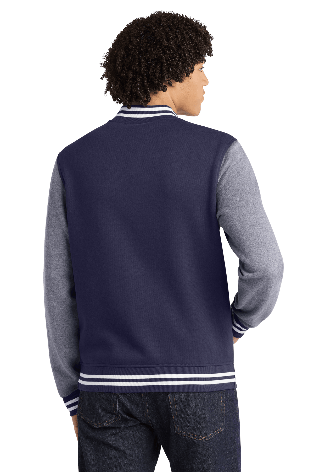 True Navy vintage heather varsity jacket by Sport-Tek, featuring classic ribbed cuffs, collar, and front button closure.