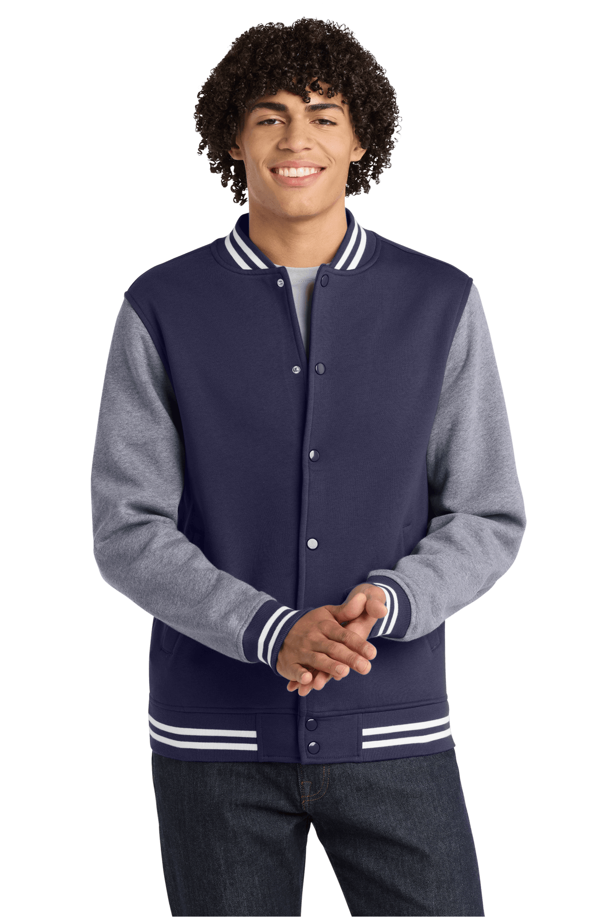 TrueNavy Sport-Tek varsity jacket with vintage heather fabric, featuring customizable or plain design on front and sleeves.
