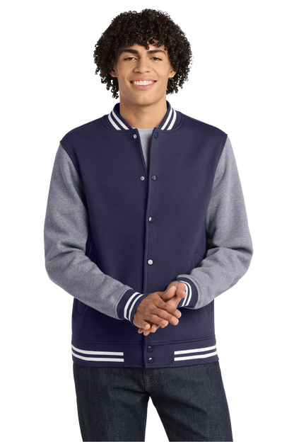 TrueNavy Sport-Tek varsity jacket with vintage heather fabric, featuring customizable or plain design on front and sleeves.