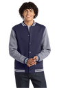 TrueNavy Sport-Tek varsity jacket with vintage heather fabric, featuring customizable or plain design on front and sleeves.