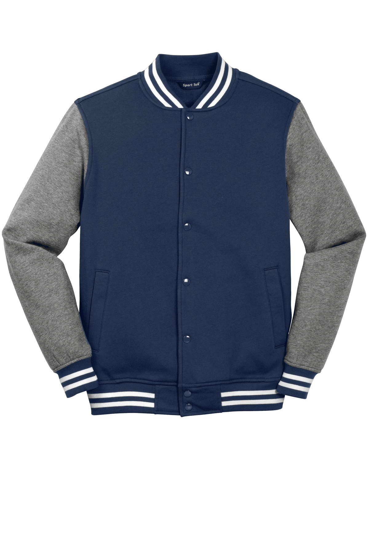 TrueNavy vintage heather varsity jacket by Sport-Tek, featuring classic athletic style with customizable or plain design.