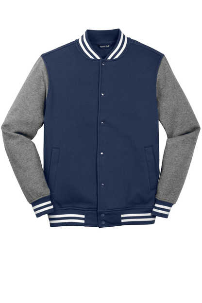 TrueNavy vintage heather varsity jacket by Sport-Tek, featuring classic athletic style with customizable or plain design.