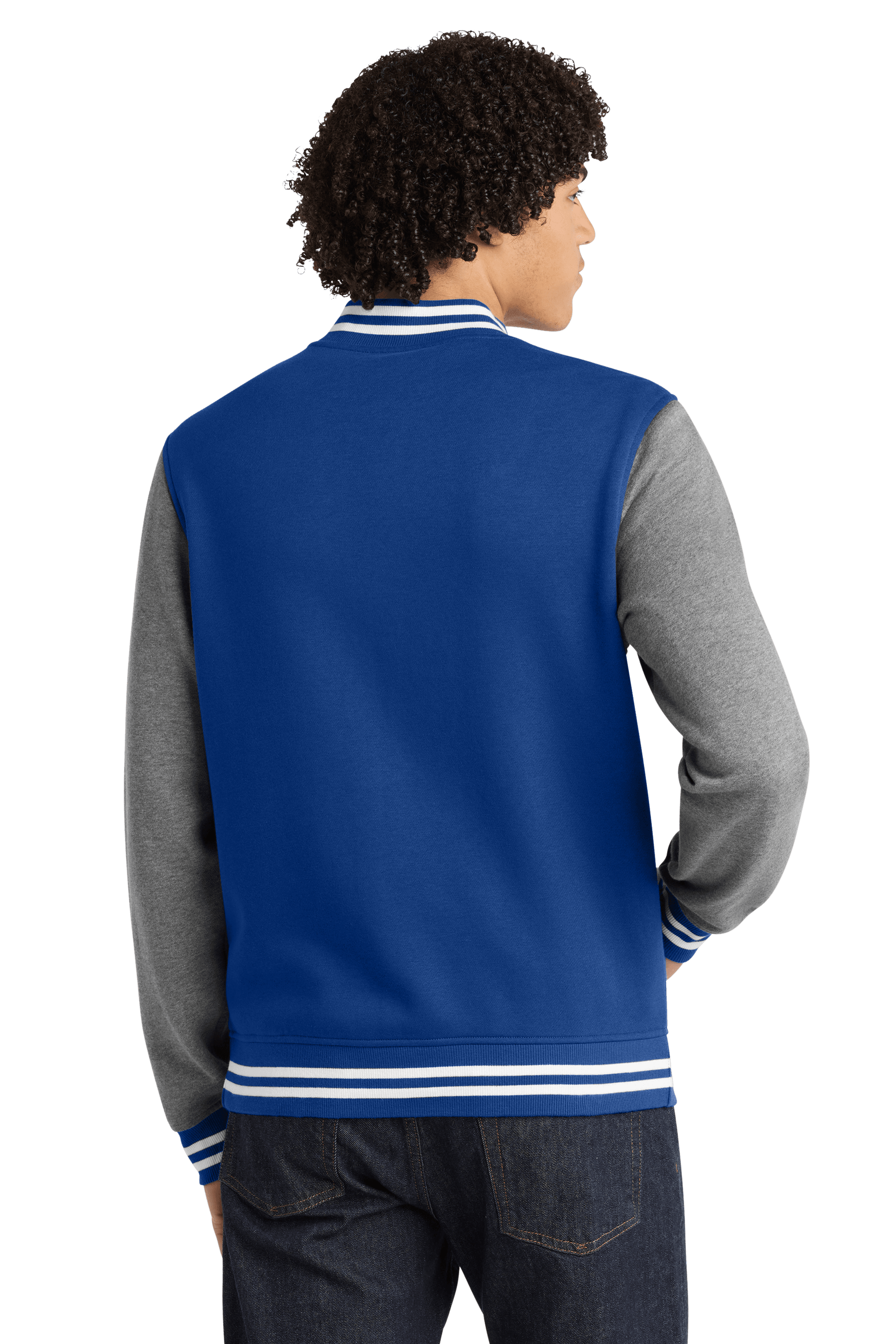 True Royal Sport-Tek varsity jacket with vintage heather fabric, customizable or plain, showcasing front view with ribbed cuffs and collar.