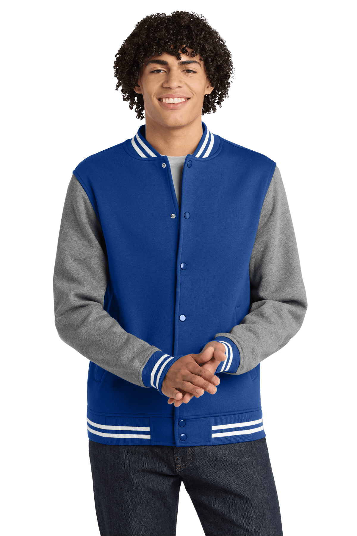 True Royal varsity jacket by Sport-Tek featuring vintage heather fabric and customizable or plain design, shown in print view.