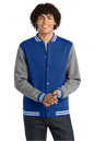 True Royal varsity jacket by Sport-Tek featuring vintage heather fabric and customizable or plain design, shown in print view.