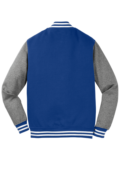 Sport-Tek varsity jacket in True Royal Vintage Heather with customizable or plain design, showcasing front view and detailed fabric texture.