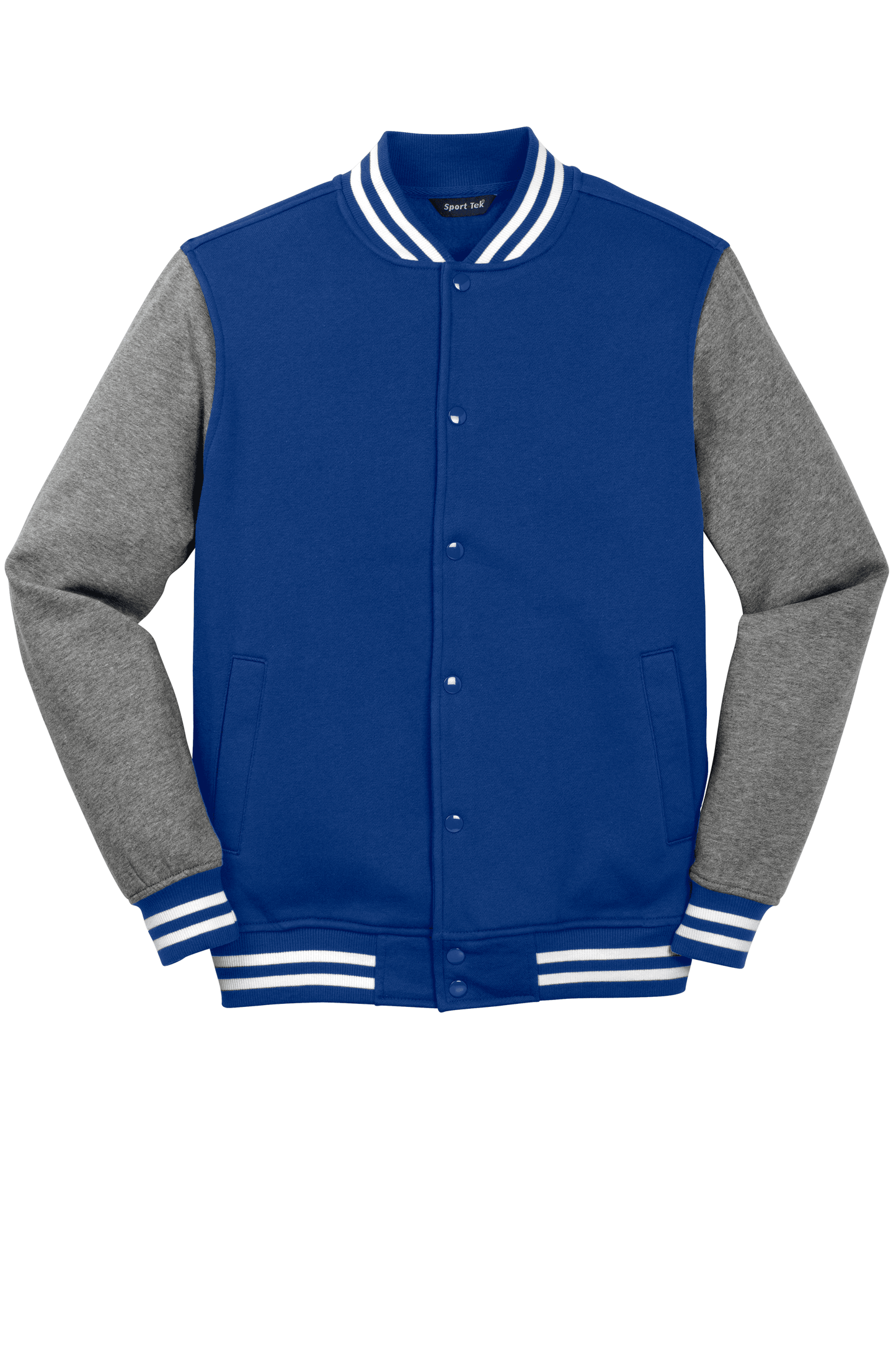 Sport-Tek varsity jacket in True Royal and Heather, featuring classic varsity style with customizable or plain design details.