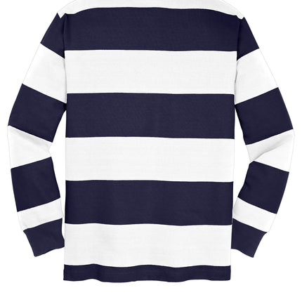 Back view men’s rugby polo in true navy with white stripes — twill-taped neck and rib knit cuffs