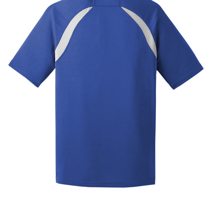 Custom Dry Zone colorblock raglan polo, royal blue/white, back view, breathable mesh insets.
