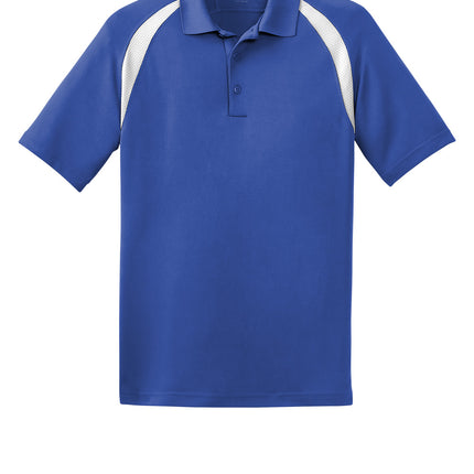 Custom Dry Zone colorblock raglan polo, royal blue/white, front view, moisture-wicking.
