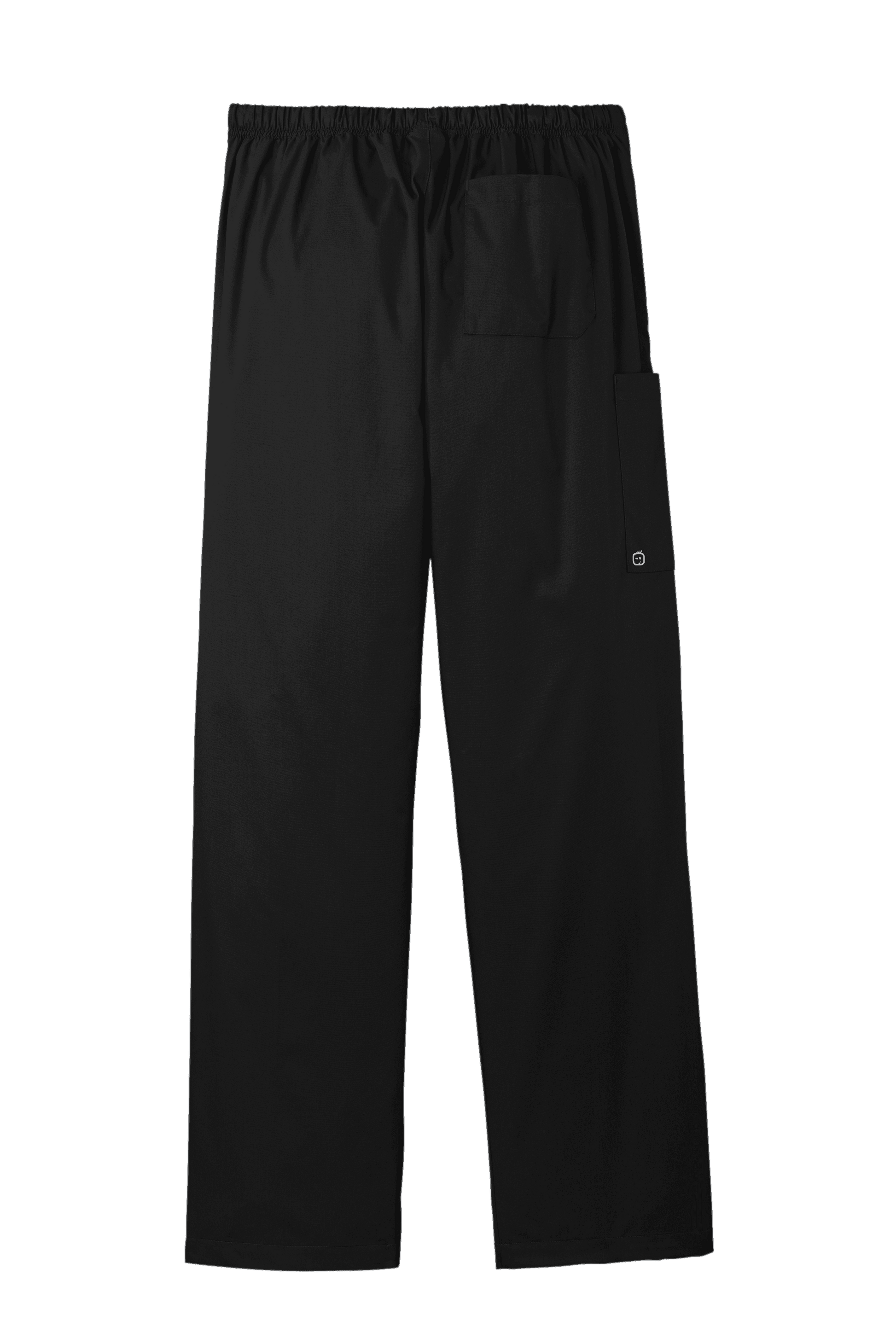 Black unisex medical workwear Flex cargo scrub pant by Wink, showing a back view with functional pockets and comfortable fit.