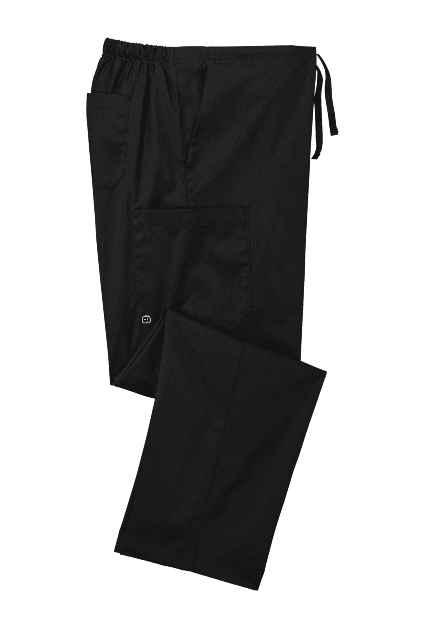Black unisex medical workwear scrubs with flexible cargo pants design by Wink, shown folded for a professional, comfortable fit.