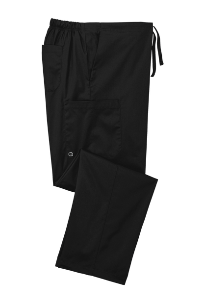 Black unisex medical workwear scrubs with flexible cargo pants design by Wink, shown folded for a professional, comfortable fit.