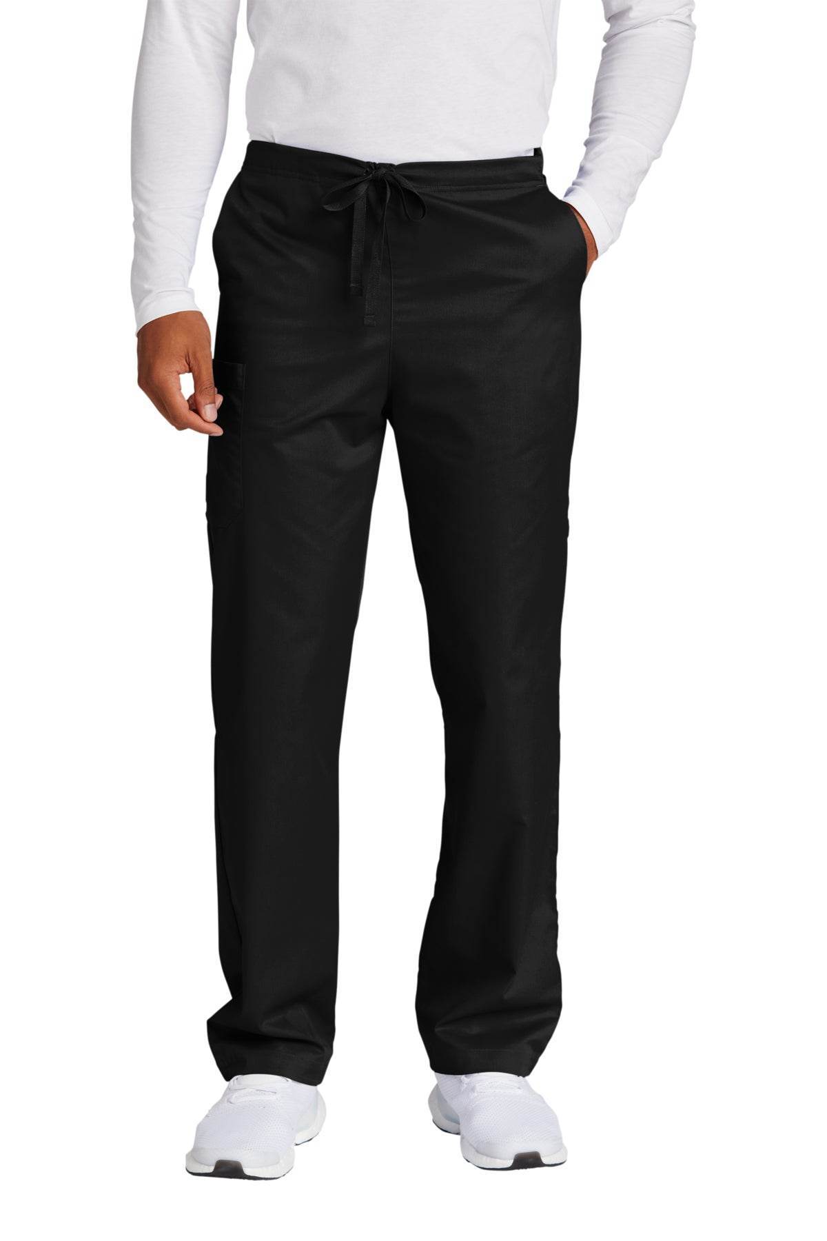 Black unisex medical workwear cargo scrubs pants by Wink, featuring a flexible design and front print view.