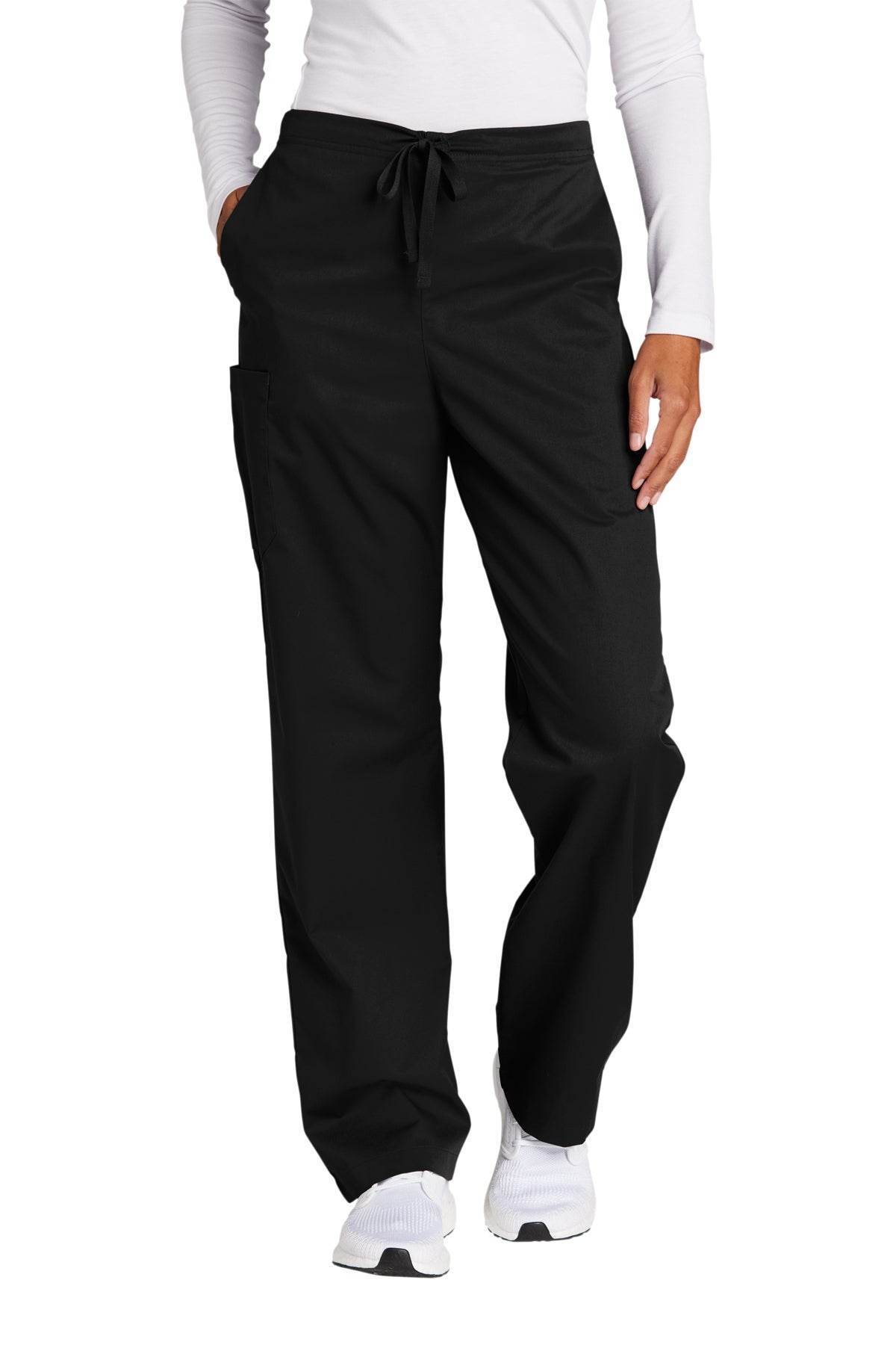 Black unisex medical workwear flex cargo scrubs pants by Wink, front view showing practical pockets and comfortable fit.