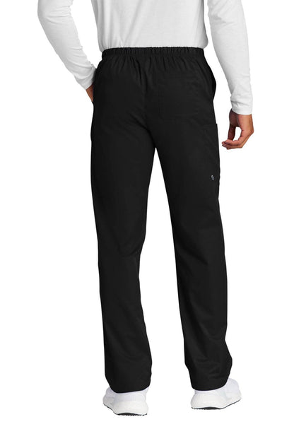 Black unisex medical workwear scrubs with cargo pockets, featuring a flexible design, shown from the back with print details.