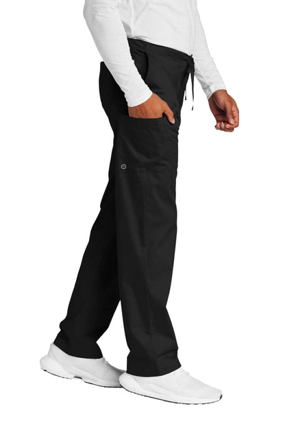Black unisex medical workwear scrubs with cargo pockets, shown from the side view, by Wink.