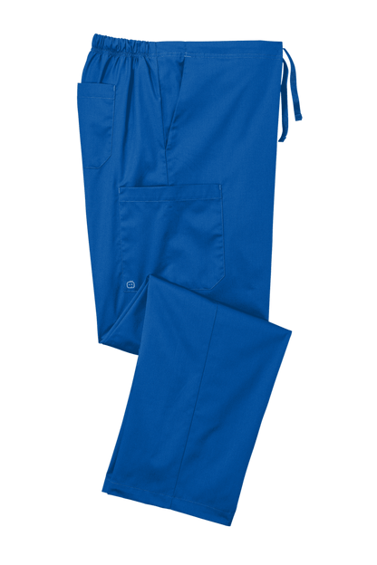 Unisex blue Wink Medical Workwear Flex Cargo Scrubs pants folded, featuring multiple pockets and comfortable fit.