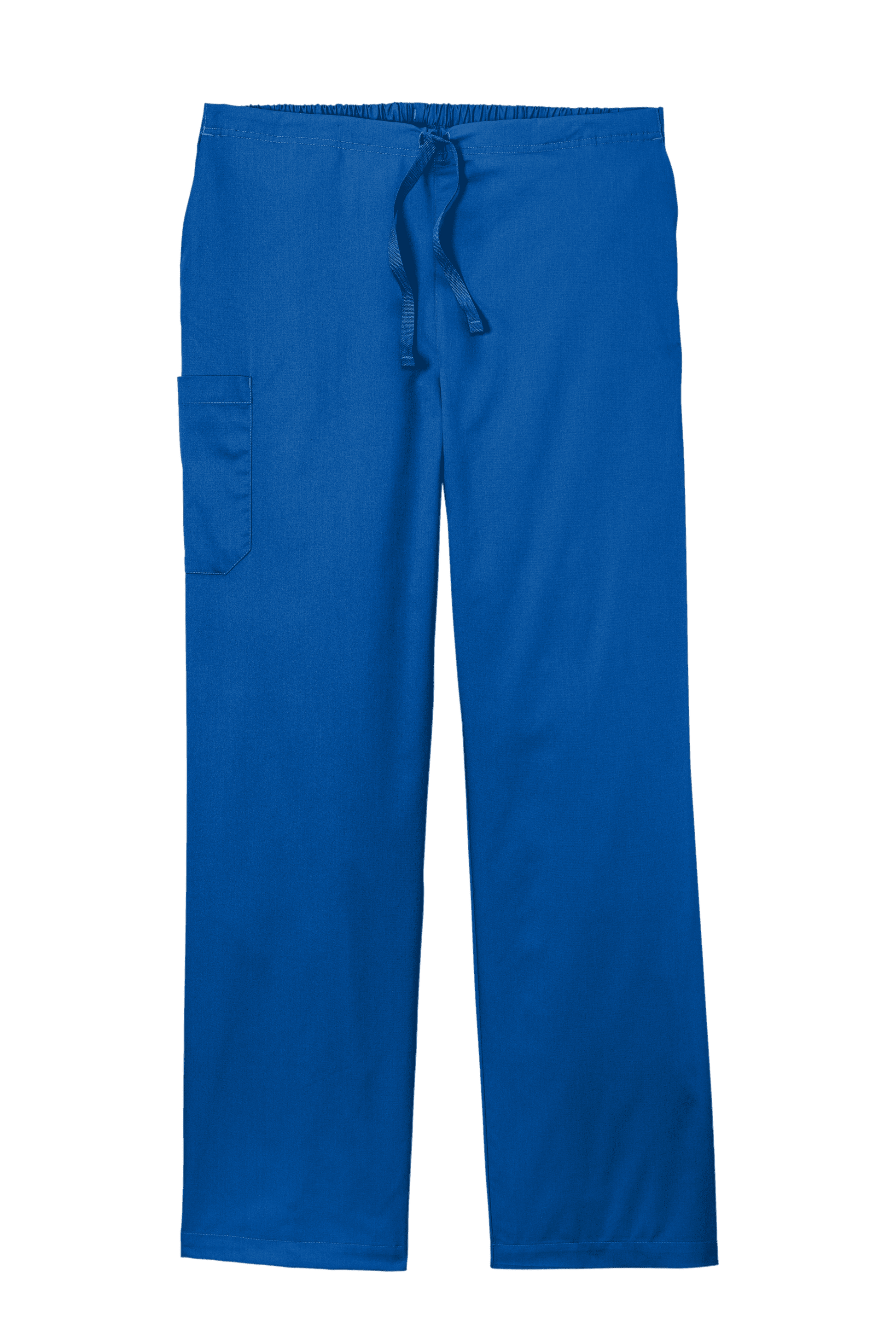 Unisex blue medical workwear cargo scrub pants by Wink with flexible fabric and cargo pockets, front view.