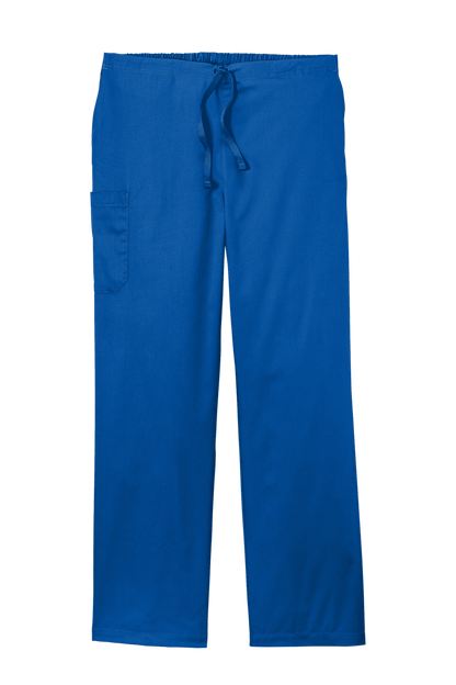 Unisex blue medical workwear cargo scrub pants by Wink with flexible fabric and cargo pockets, front view.