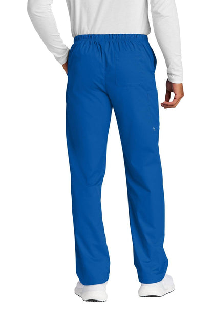 Blue unisex Wink Medical Workwear Flex Cargo Scrubs pants with multiple pockets, shown from the back.