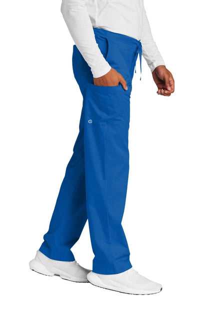 Unisex blue medical workwear cargo scrubs pants by Wink, featuring a flexible design and practical pockets for healthcare professionals.