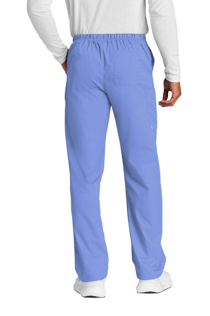 Light blue unisex Wink medical scrubs cargo pants with flexible workwear design, viewed from the back.