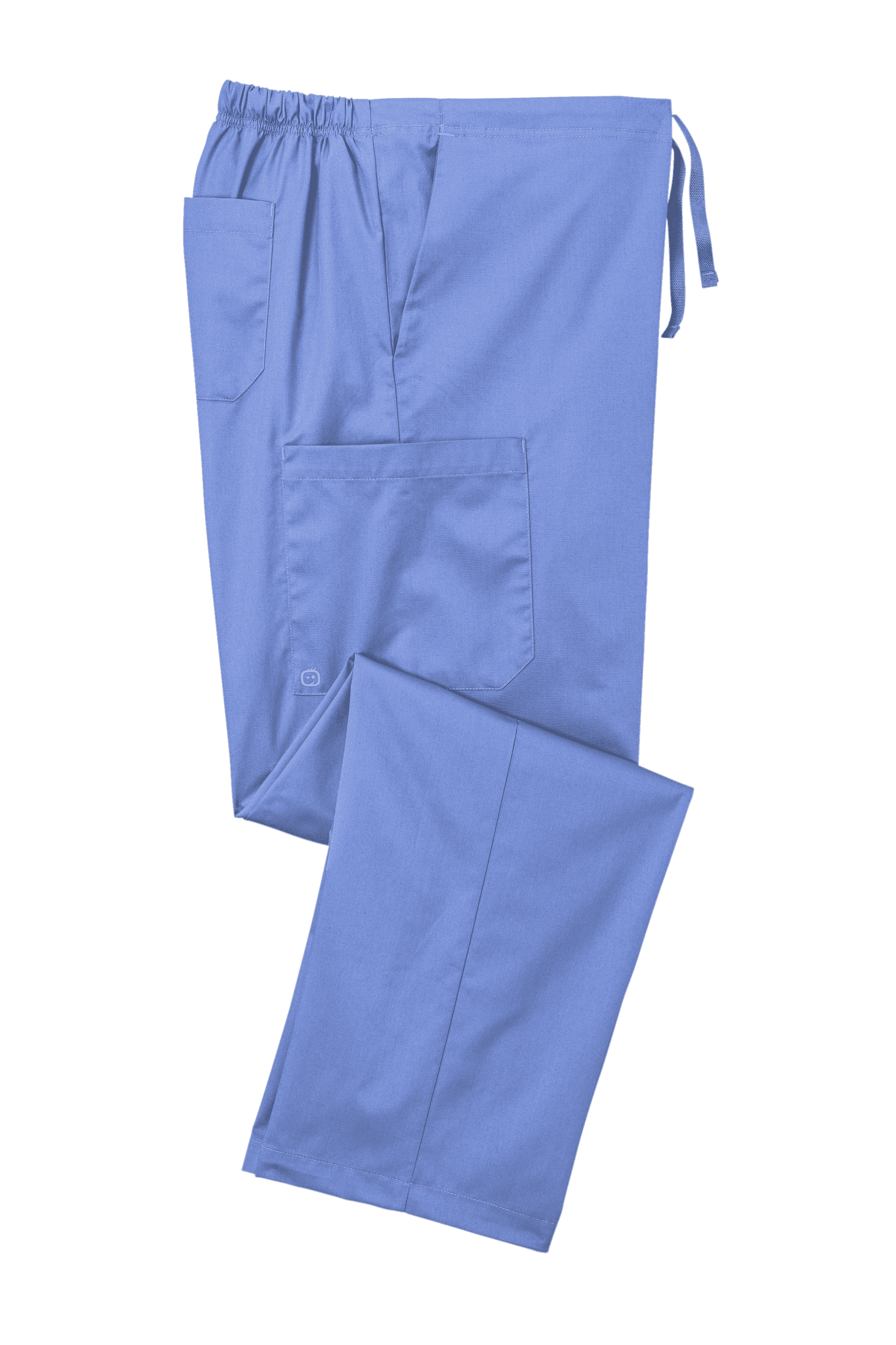 Light blue Wink unisex short work cargo pants, flexible nursing scrubs with multiple pockets, folded for display.