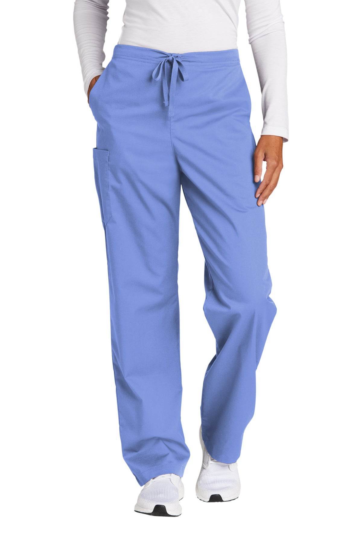 Light blue unisex medical workwear scrubs with flex cargo pants, featuring multiple pockets and a comfortable fit.