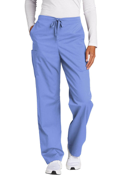 Light blue unisex medical workwear scrubs with flex cargo pants, featuring multiple pockets and a comfortable fit.