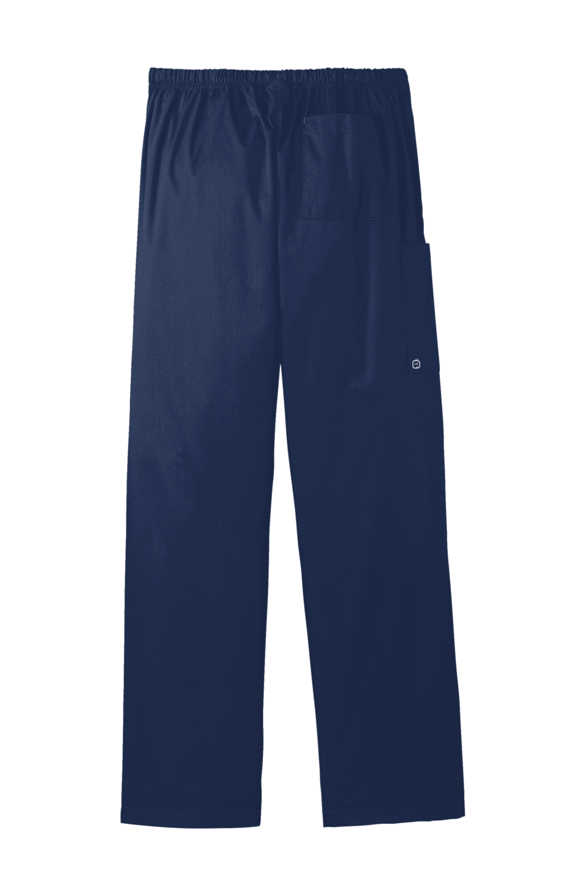 Navy unisex medical workwear cargo scrub pants by Wink with flexible fabric and functional pockets, viewed from the back.