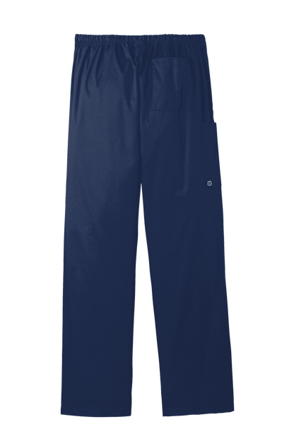 Navy unisex medical workwear cargo scrub pants by Wink with flexible fabric and functional pockets, viewed from the back.
