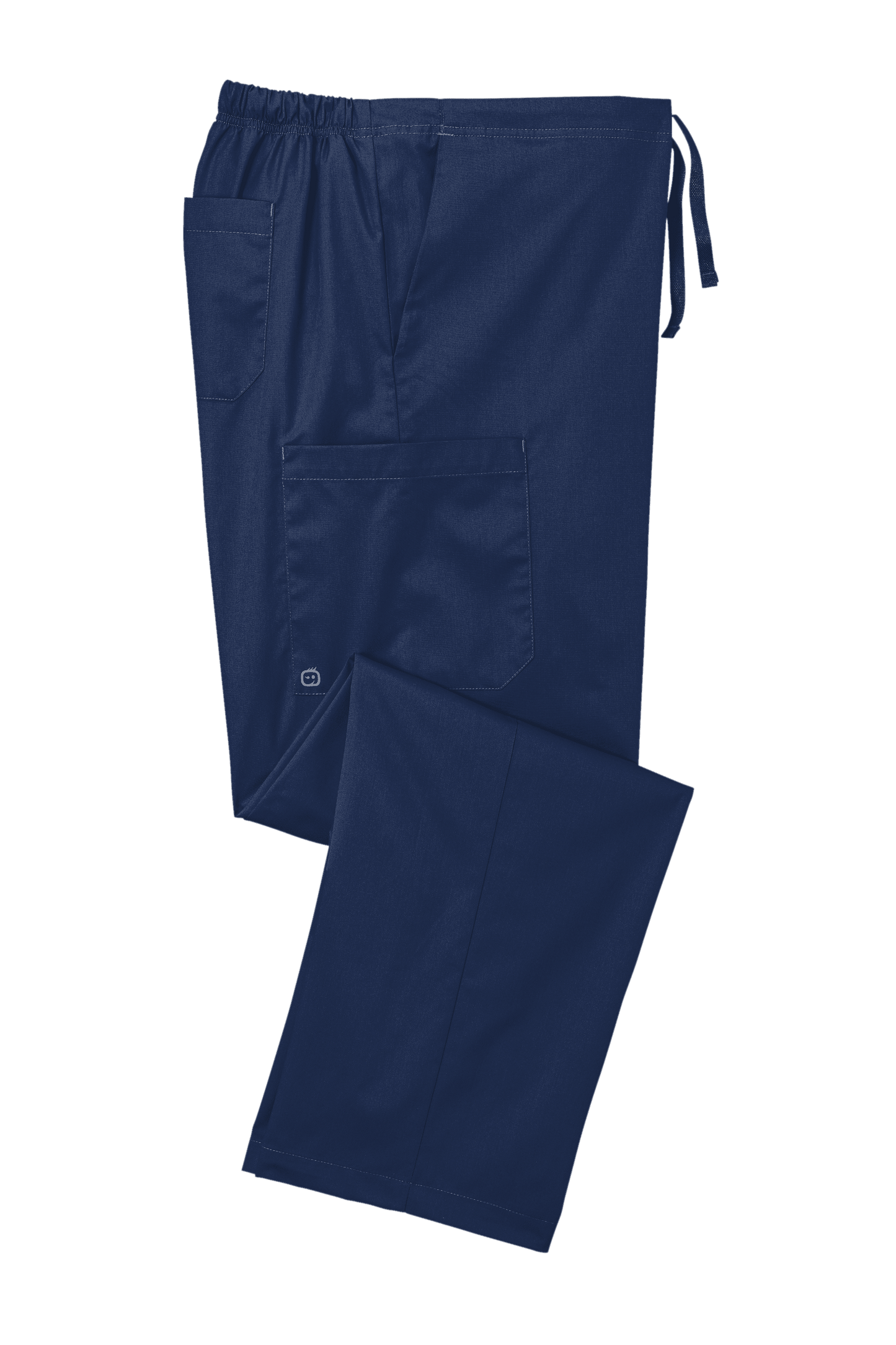 Unisex navy medical workwear Flex cargo scrubs pants with print detail, folded view showing durable fabric and practical design.