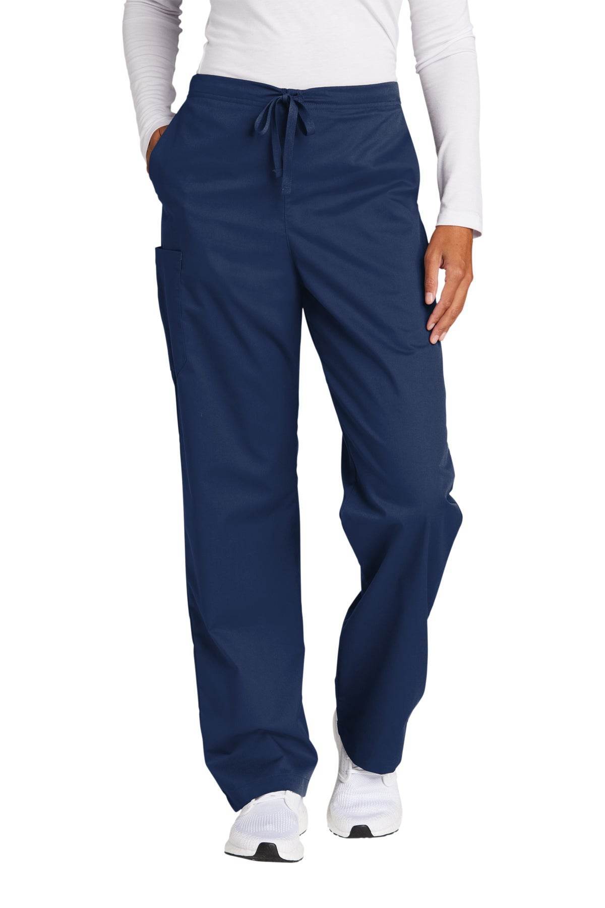 Navy unisex medical workwear scrub cargo pant by Wink, front view showing functional pockets and relaxed fit for healthcare professionals.