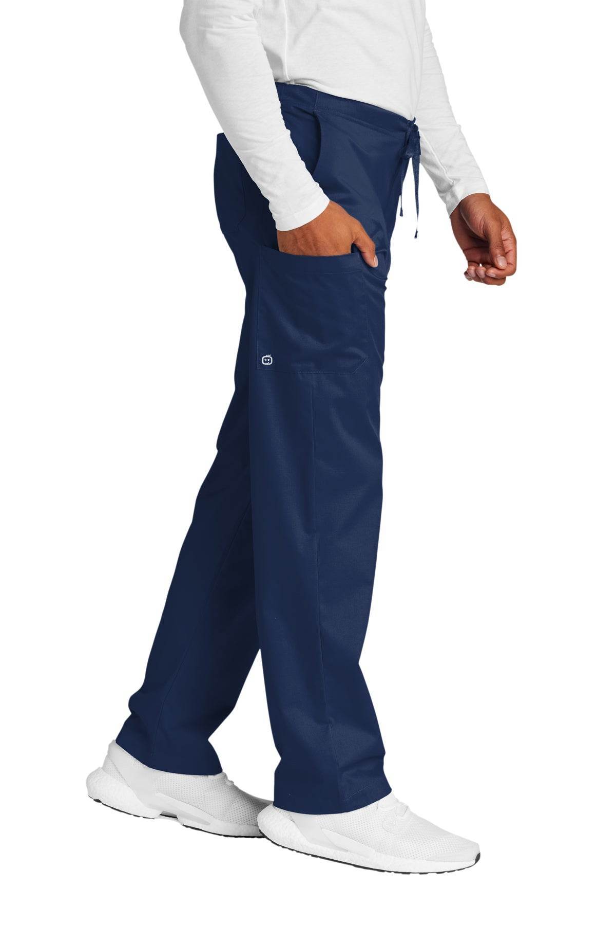 Navy unisex medical workwear cargo scrubs pants by Wink, featuring side pockets and flexible fabric for healthcare professionals