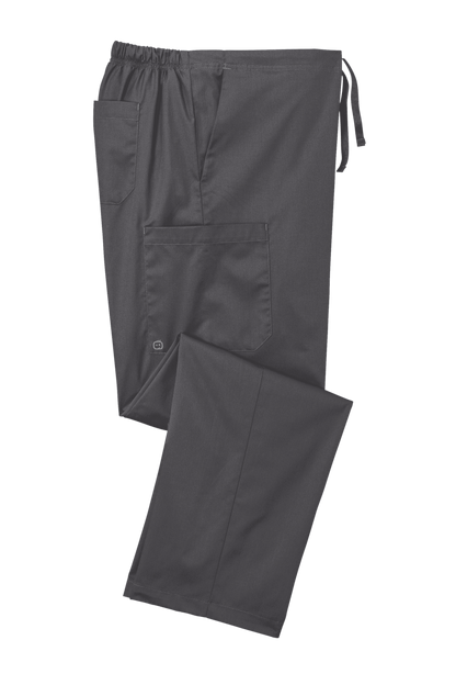 Wink unisex short work flex cargo scrub pants in pewter grey, folded, made for medical professionals and nursing staff.