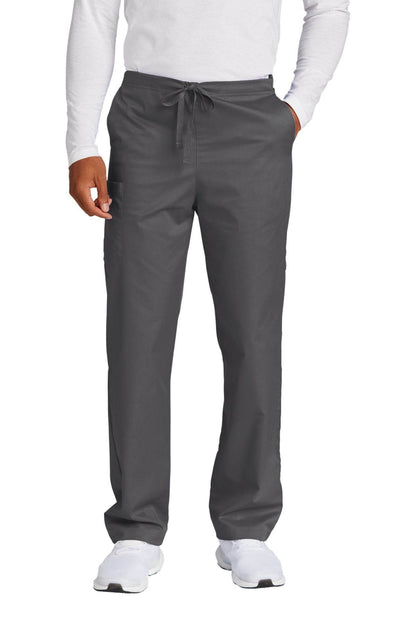 Wink unisex short work flex cargo scrubs pant in pewter grey, front view showing multiple utility pockets and comfortable fit