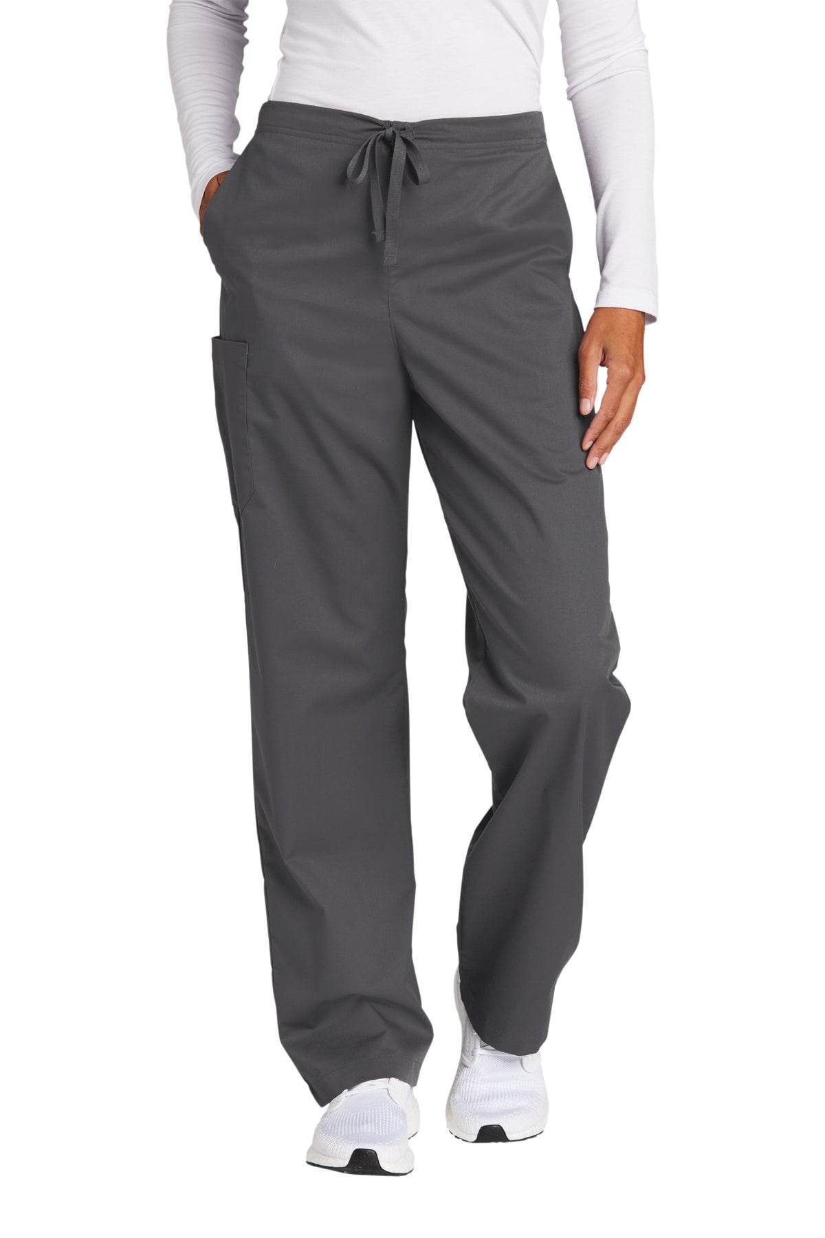 Wink unisex short work flex cargo scrub pants in pewter grey, showing front view with multiple pockets and flexible fabric.