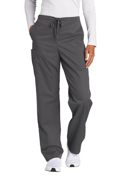 Wink unisex short work flex cargo scrub pants in pewter grey, showing front view with multiple pockets and flexible fabric.