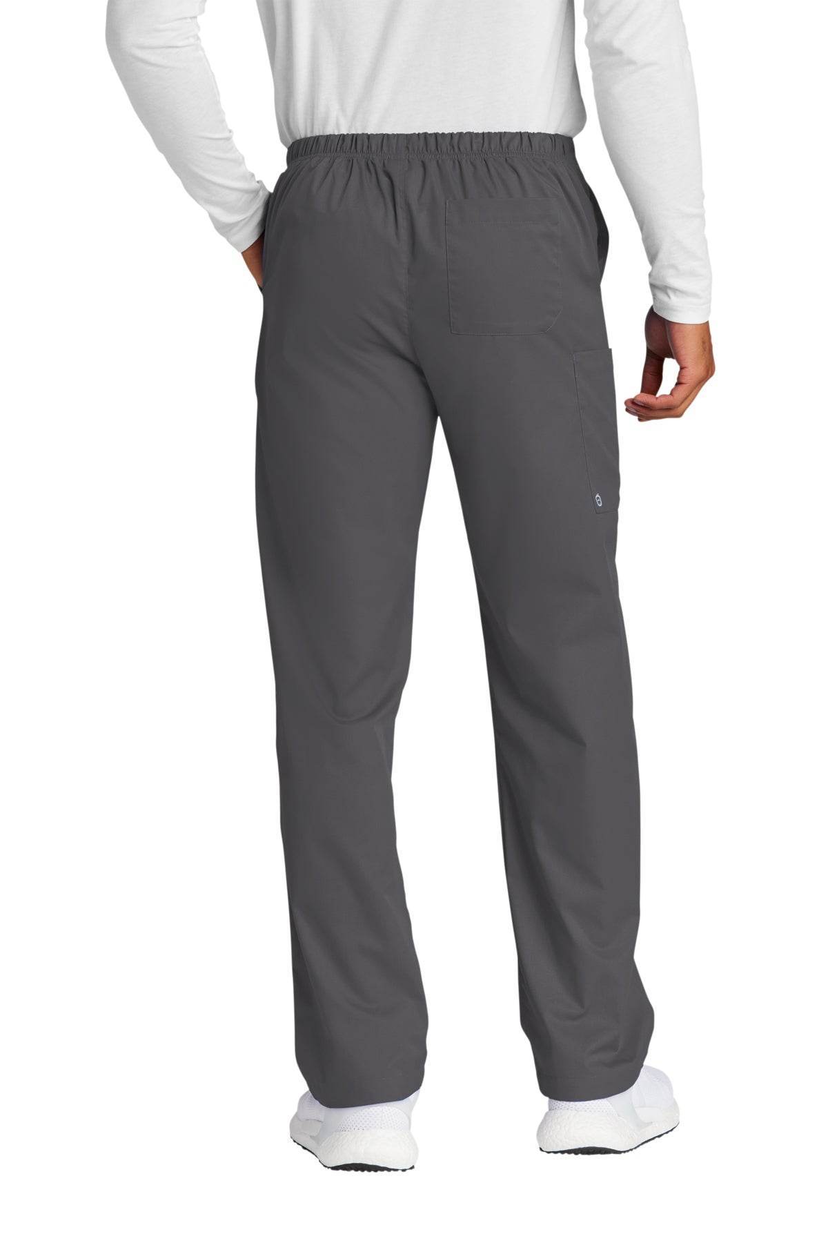 Wink unisex short work flex cargo scrub pants in pewter grey shown from the back, designed for medical professionals.