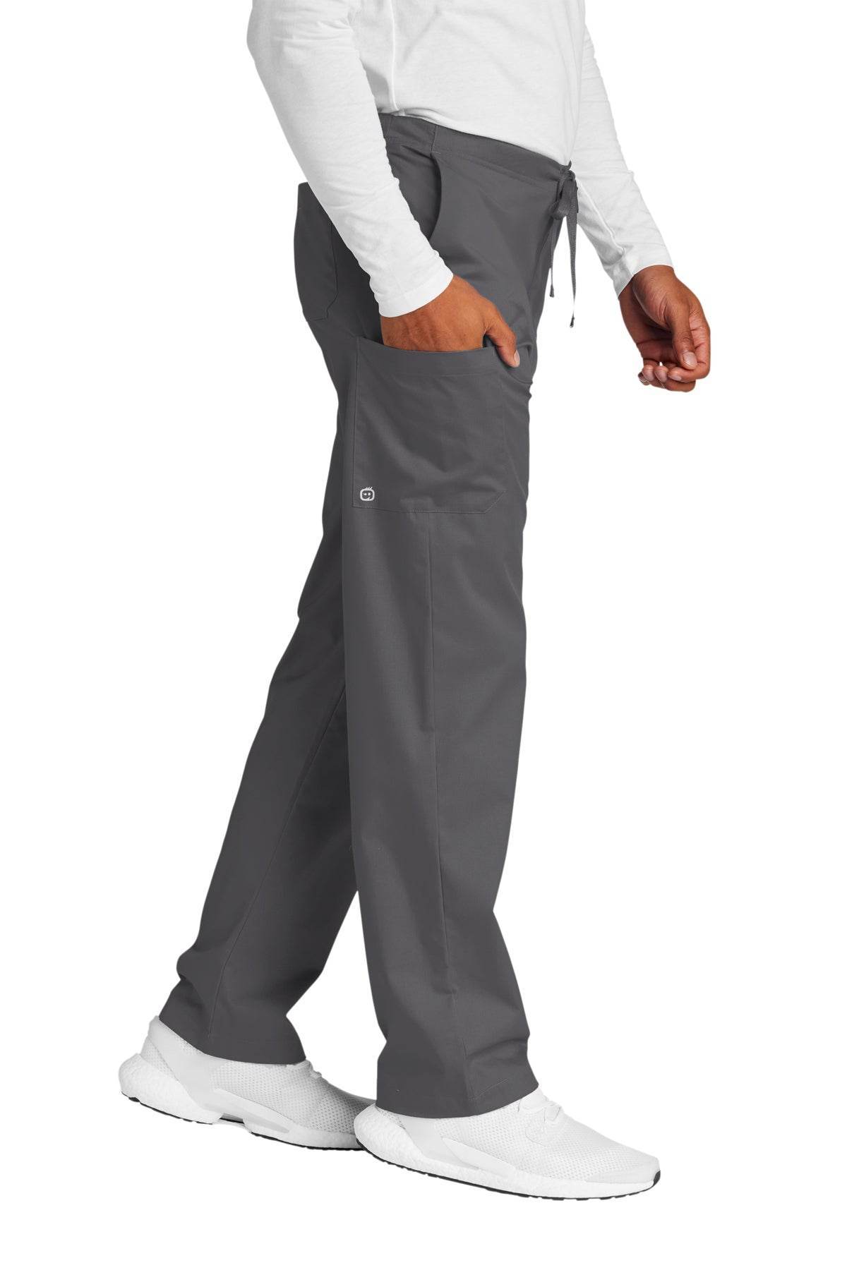 Wink unisex short work cargo scrub pants in pewter grey, featuring side pockets and flexible fabric for medical professionals.