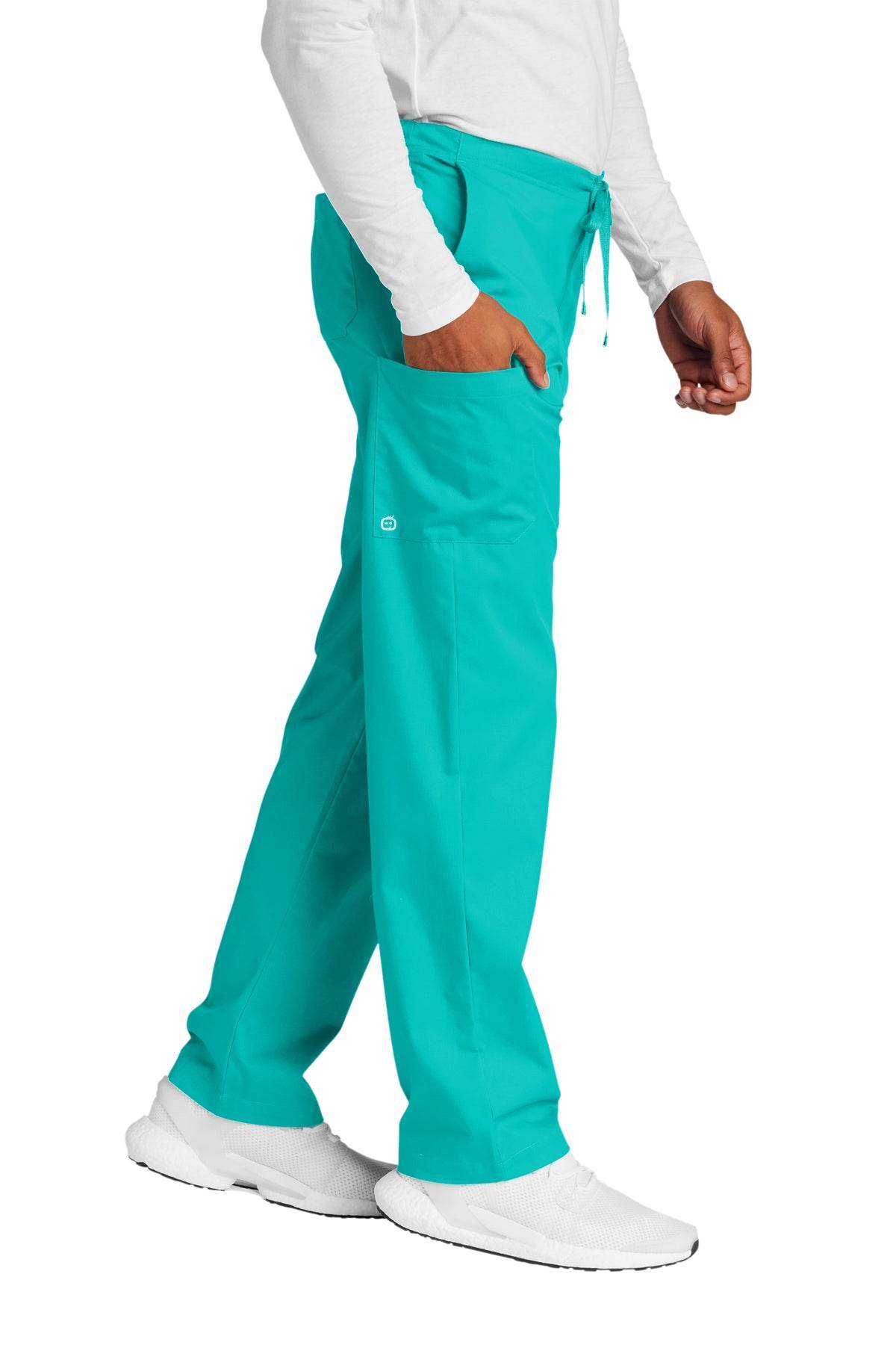 Unisex teal medical workwear cargo scrubs pant with side pockets, designed for healthcare professionals by Wink.