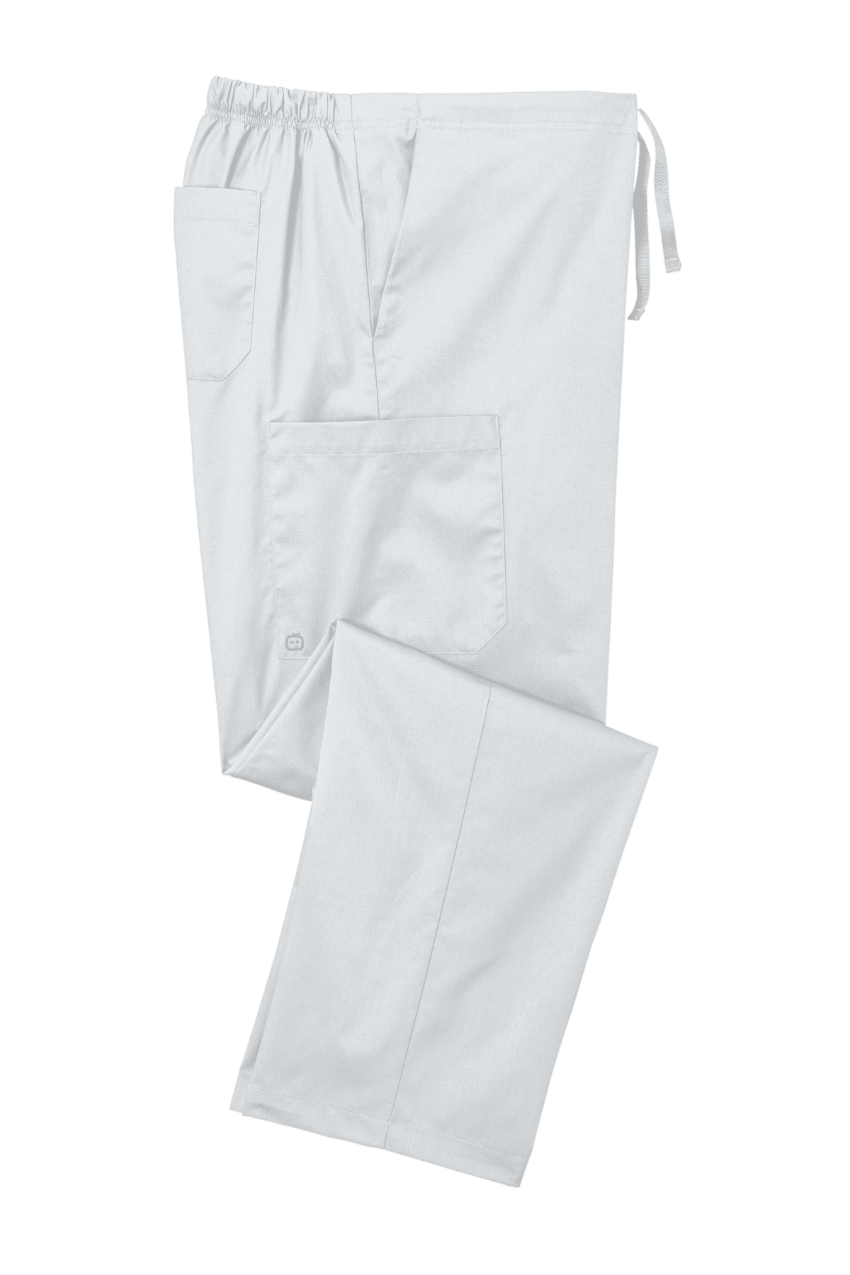 White Wink unisex short work cargo scrub pants folded, featuring multiple pockets and flexible fabric for nursing or medical work.