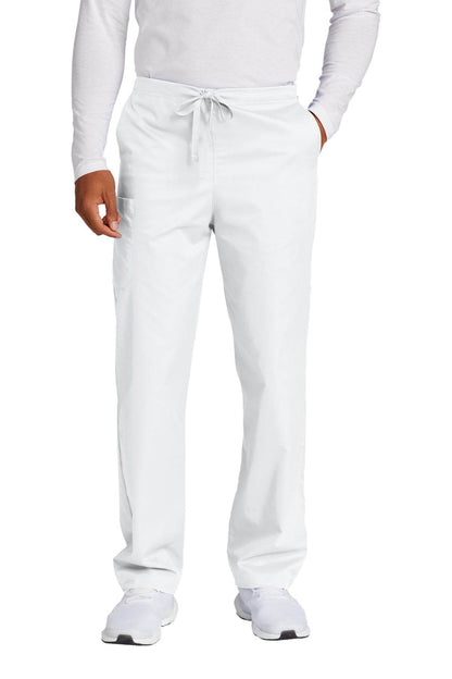 White unisex Wink work cargo scrub pants with multiple pockets, designed for comfort and flexibility, front view.